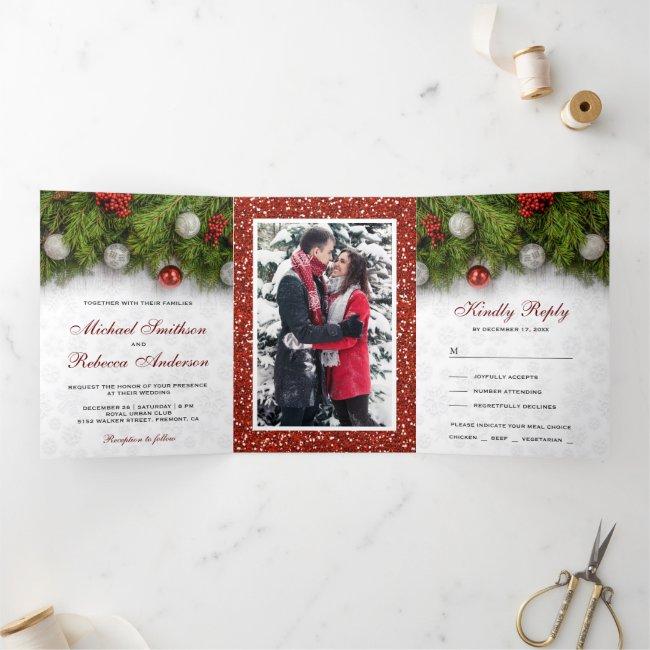 Holly Berry And Pine Leaves Christmas Wedding Tri-fold