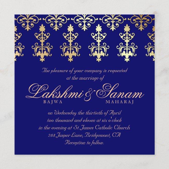 Indian Wedding Invite Damask Gold Autumn Blue