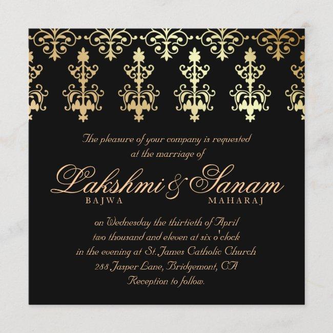 Indian Wedding Invite Damask Gold Winter Black