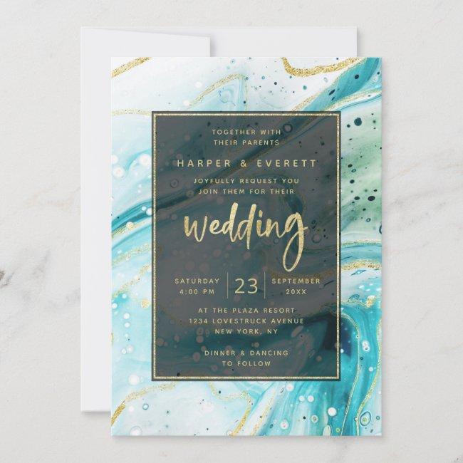 Inky Splash Teal Marble With Gold Foil Wedding