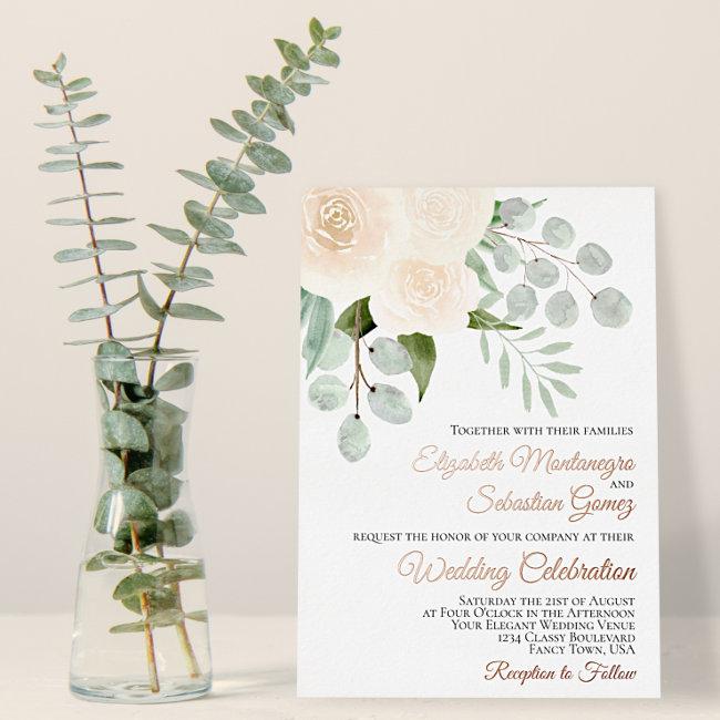 Ivory Peach Watercolor Roses Elegant Wedding Foil
