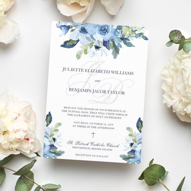 Juliette Dusty Blue Floral Catholic Wedding Invita