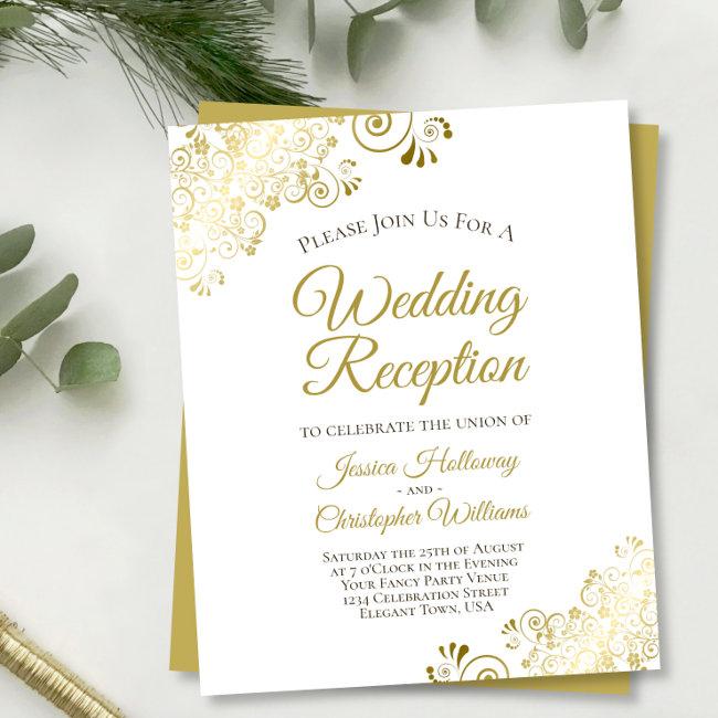 Lacy Gold Budget White Wedding Reception Invite