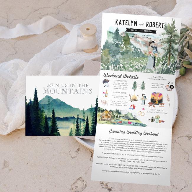 Lakeside Mountain Camping | Illustrated Wedding Tri-fold