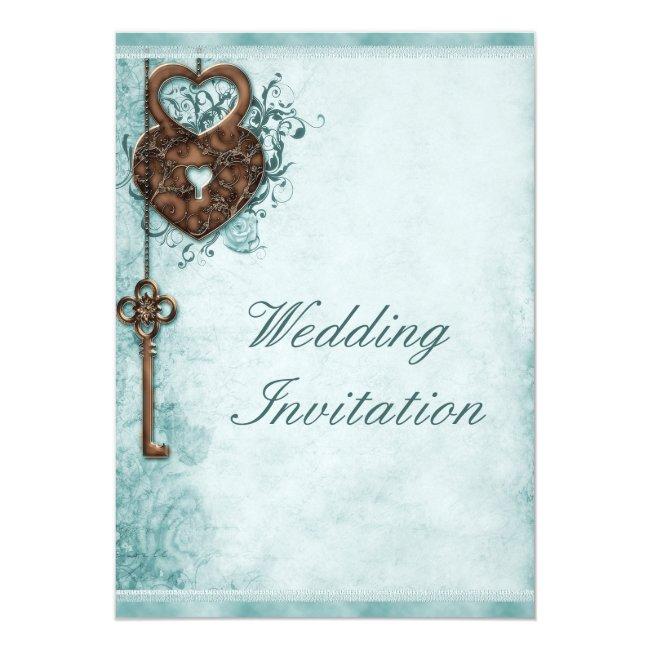 Large Romantic Hearts Lock And Key Teal Wedding