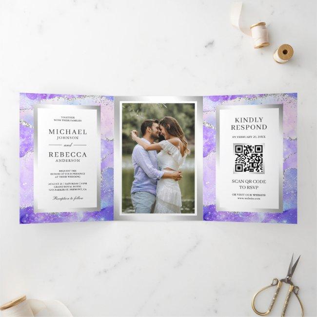 Lavender Purple Agate Marble Qr Code Wedding Tri-fold