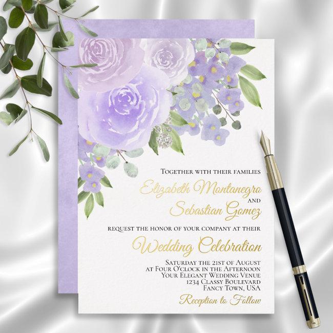 Lavender Purple Watercolor Floral Elegant Wedding Foil