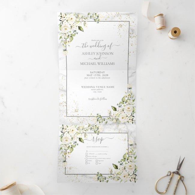 Light Gray White Floral Gold Marble Photo Wedding Tri-fold