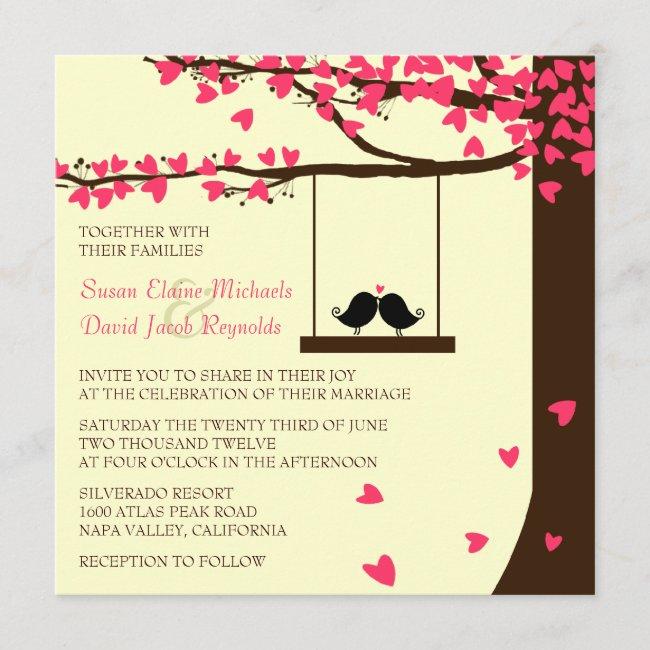 Love Birds Falling Hearts Oak Tree Wedding Invite