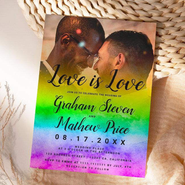 Love Is Love Watercolor Rainbow Photo Wedding
