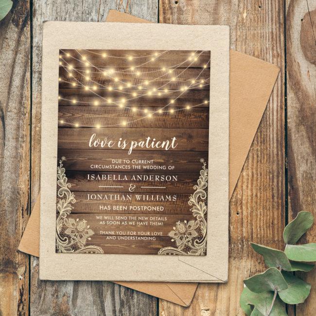 Love Is Patient Wood, String Lights & Lace Wedding  Post