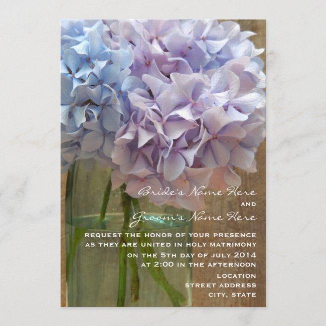 Mason Jar Of Blue & Purple Hydrangeas Wedding