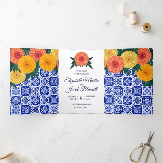 Mexican Tile Marigolds Wedding Tri-fold