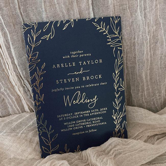 Minimal Leaf | Gold Foil Navy Blue Frame Wedding Foil