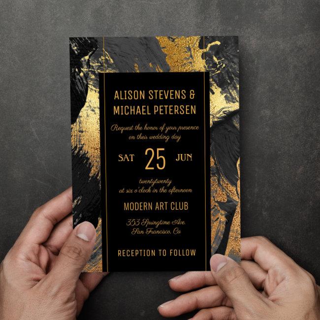 Modern Abstract Painting Gold Black Glam Wedding