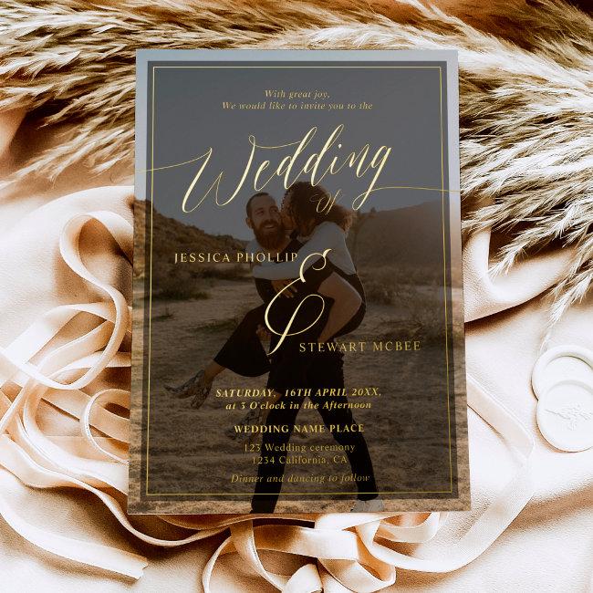 Modern Black Wedding Script Photo Gold Foil