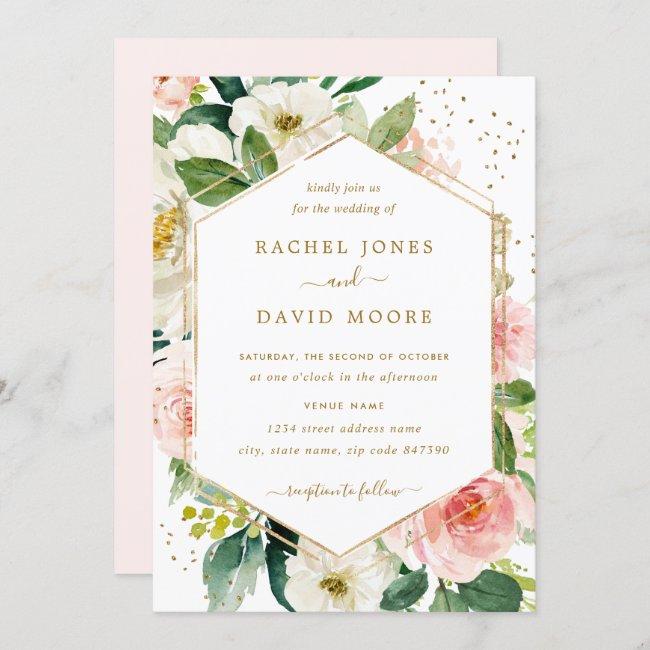 Modern Blush Gold Floral Watercolor Wedding Invite