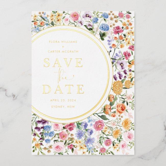 Modern Colorful Wildflower Wedding Save The Date Foil