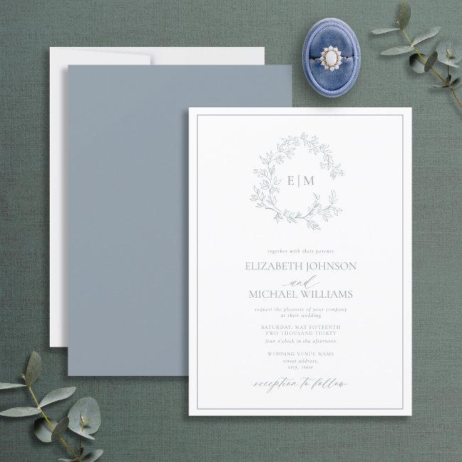 Modern Dusty Blue Leafy Crest Monogram Wedding Inv