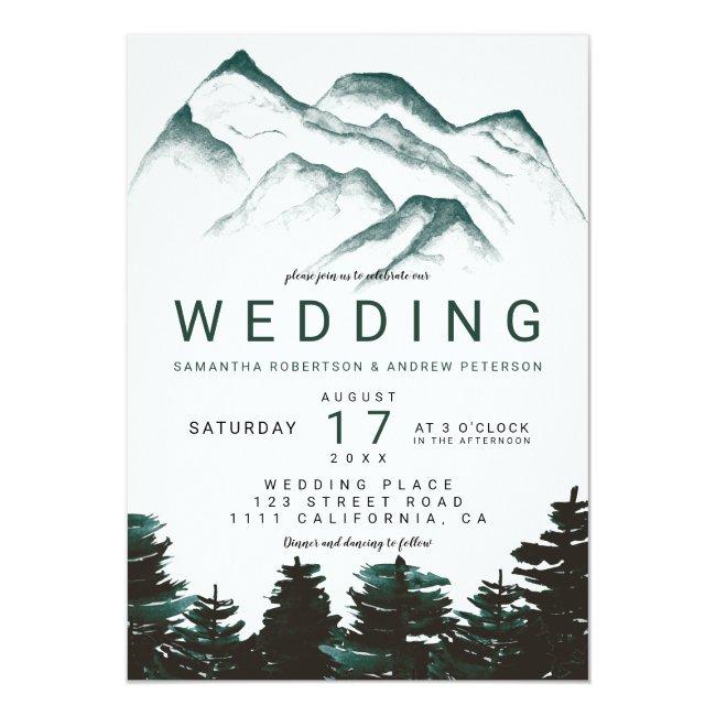 Modern Green Watercolor Forest Mountains Wedding