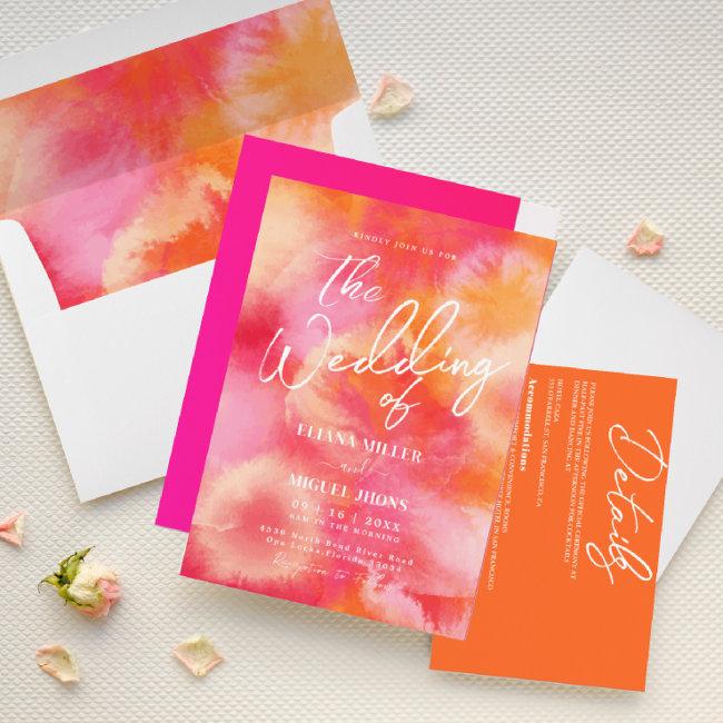 Modern Hot Pink And Orange Watercolor Wedding Invi