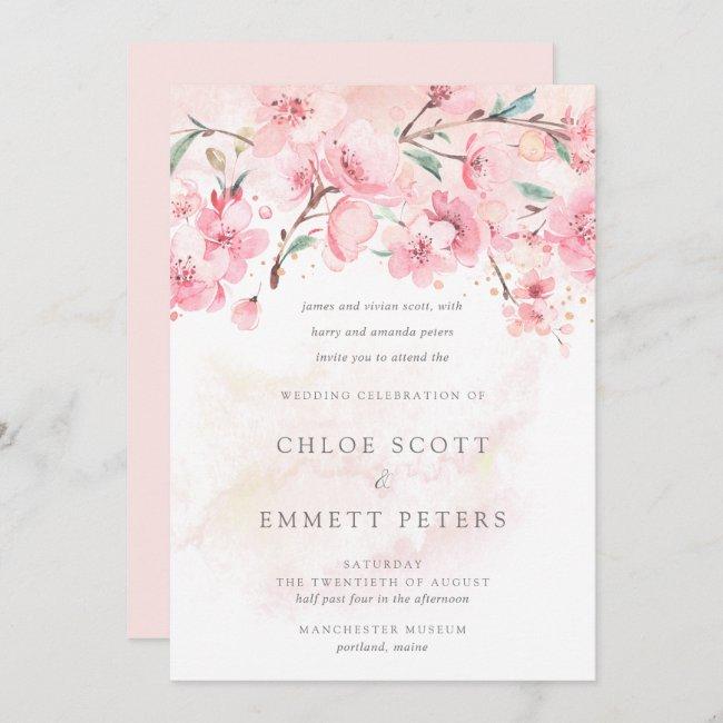 Modern Minimalist Pink Cherry Blossom Wedding Invi
