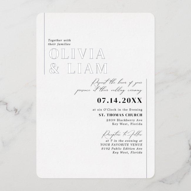 Modern Minimalist Typography Wedding White Silver Foil