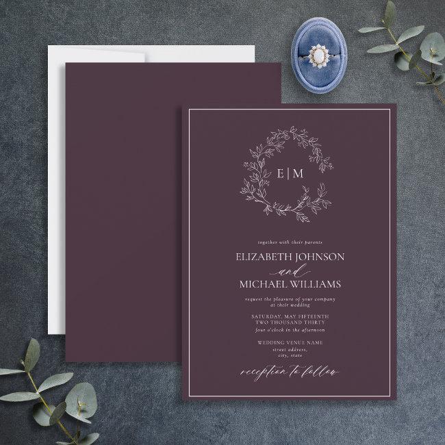 Modern Plum Purple Leafy Crest Monogram Wedding