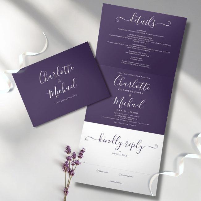 Modern Purple Script Minimalist Photo Wedding Tri-fold