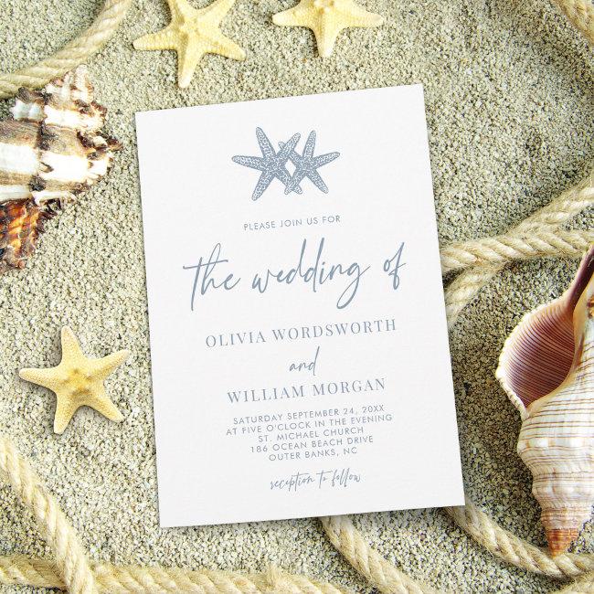 Modern Starfish Beach Script Dusty Blue Wedding