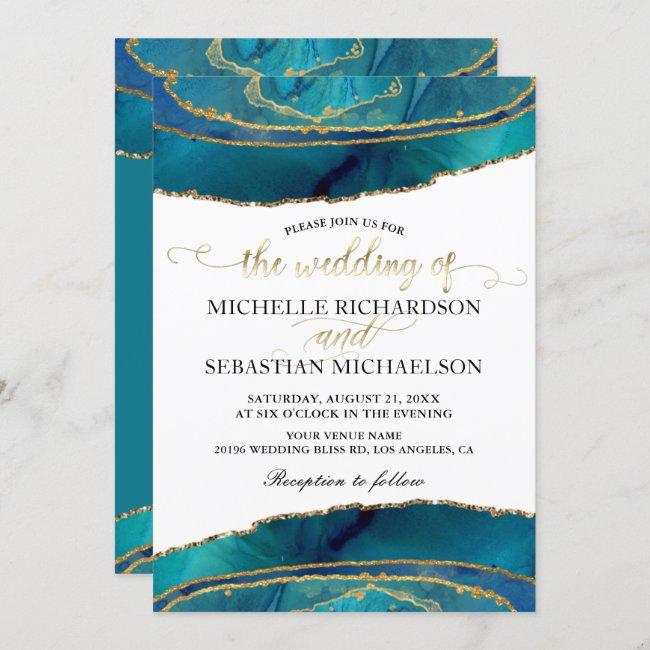 Modern Teal Watercolor Gold Agate Wedding