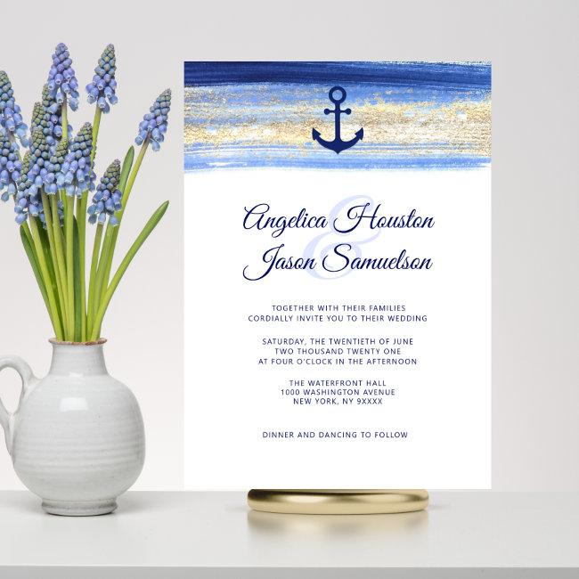 Modern Watercolor Blue Navy Gold Nautical Wedding