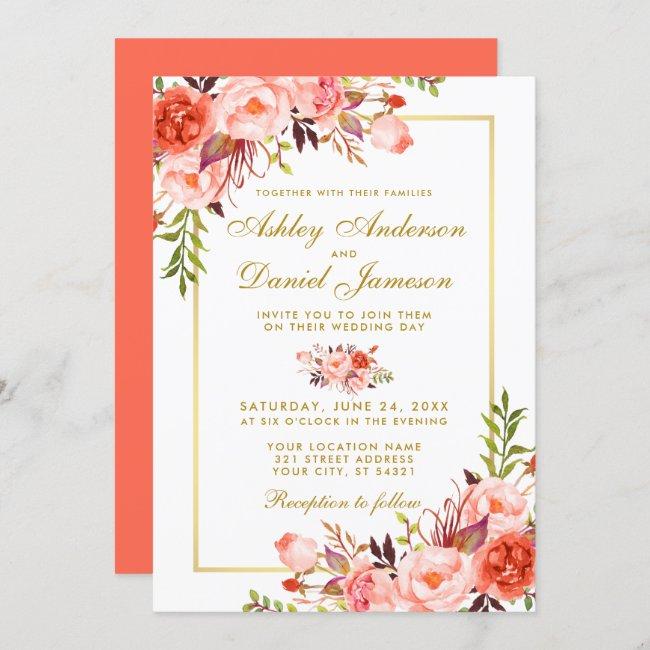 Modern Watercolor Coral Floral Gold Wedding