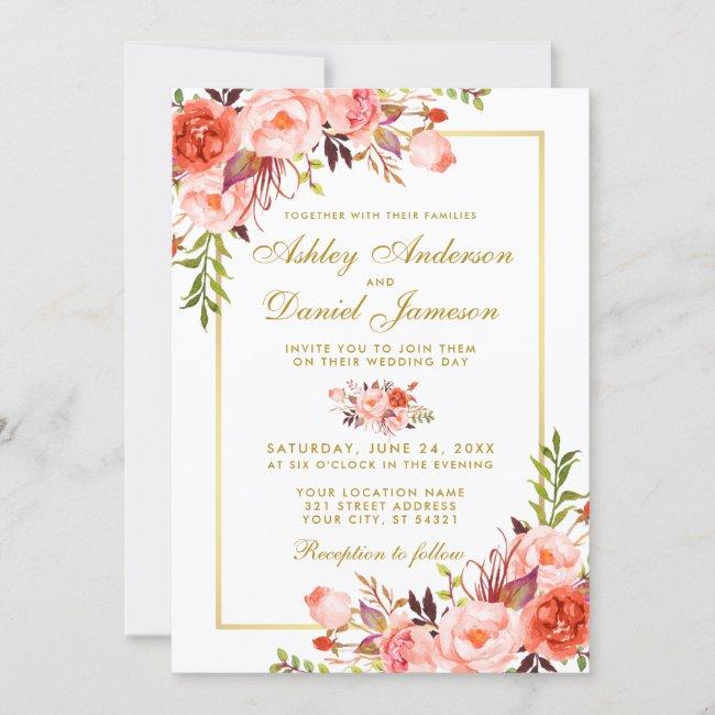 Modern Watercolor Coral Floral Gold Wedding W