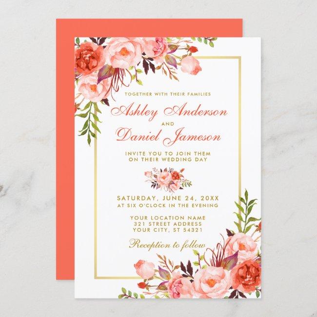 Modern Watercolor Coral Floral Wedding Gold