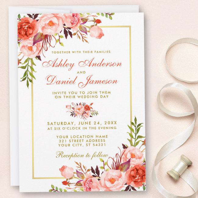 Modern Watercolor Coral Floral Wedding Gold W