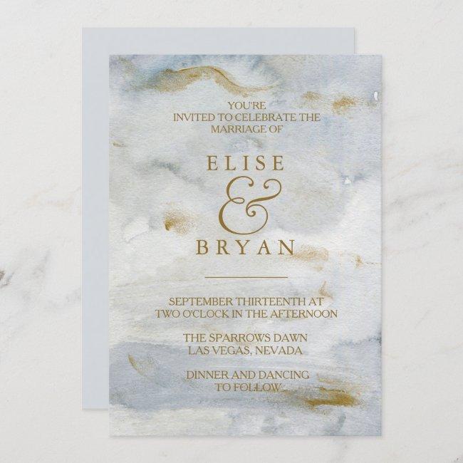 Modern Watercolor Gold Blue Marble Wedding Invite