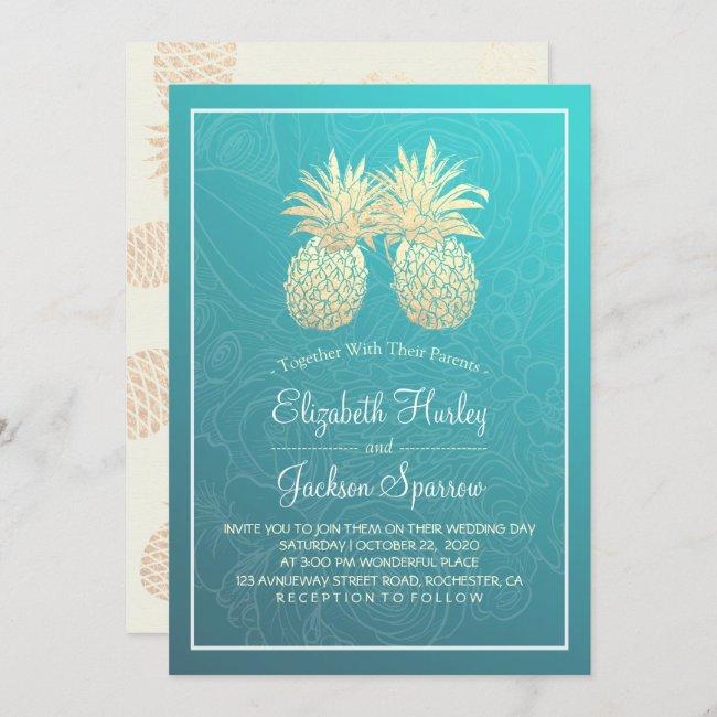 Modern Wedding Elegant Gold Foil Pineapple Couple