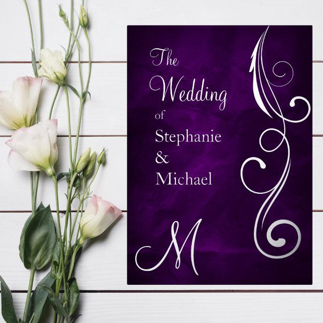 Monogram And Swirl On Purple Silver Wedding Foil