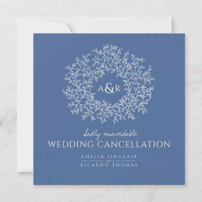 Monogram Blue Leaves Wedding Cancellation Announcement