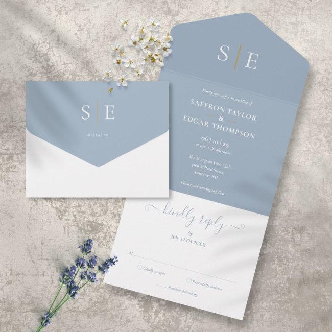 Monogram Elegant Dusty Blue And Gold Wedding All In One