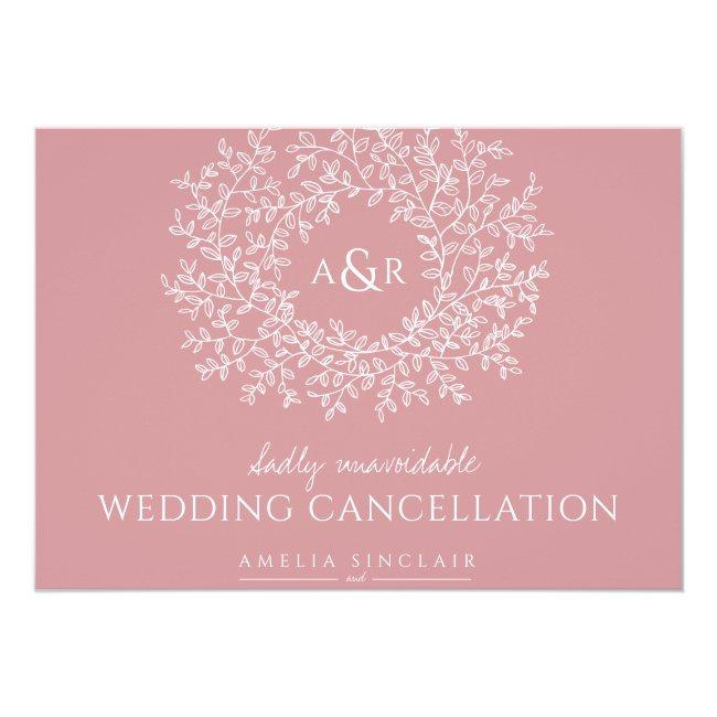 Monogram Muted Pink Leaves Wedding Cancellation Announcement