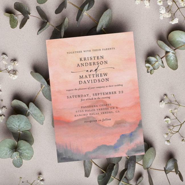 Mountain Rustic Sunset Watercolor Coral Wedding