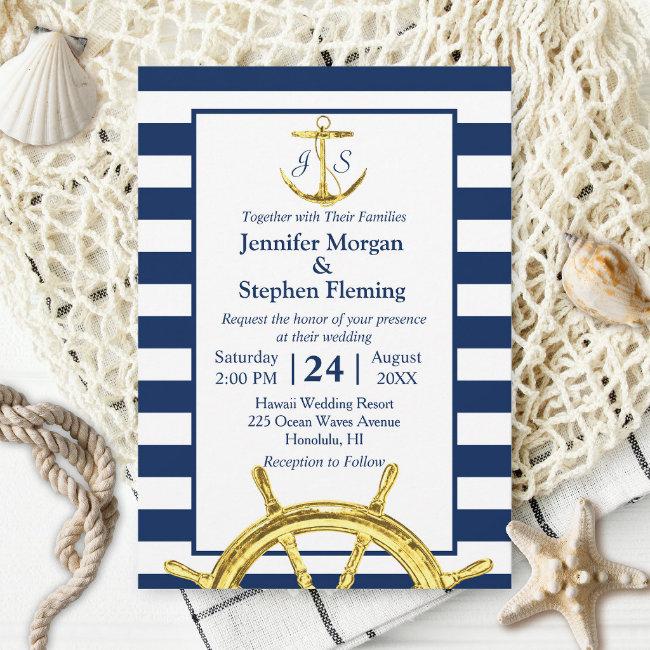 Nautical Gold And Navy Blue Stripes Wedding
