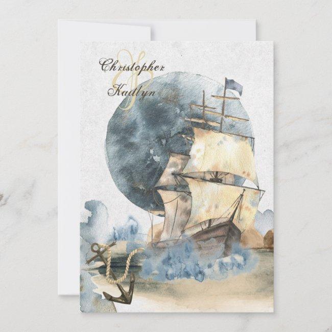 Nautical Watercolor Ship And Full Moon Wedding