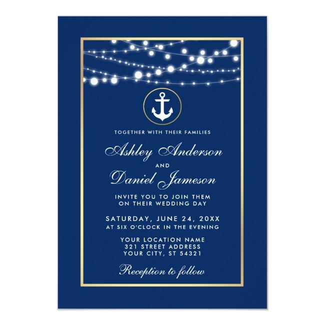 Nautical Wedding Blue Gold String Lights Invite