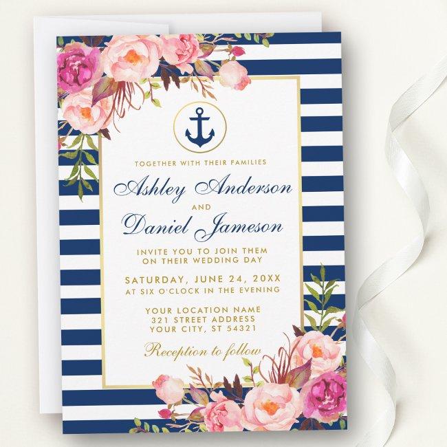 Nautical Wedding Blue Stripes Pink Floral Invite
