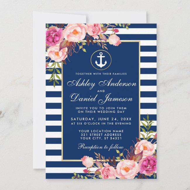 Nautical Wedding Blue Stripes Pink Floral Invite W
