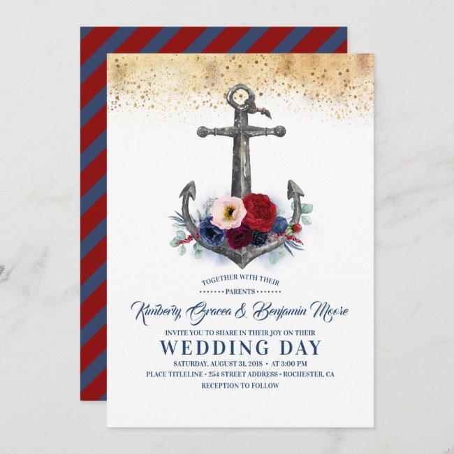 Navy And Burgundy Floral Anchor Nautical Wedding