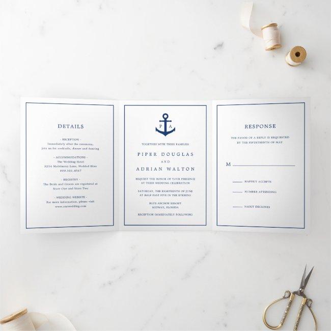 Navy Blue Anchor Monogram Nautical Elegant Wedding Tri-fold